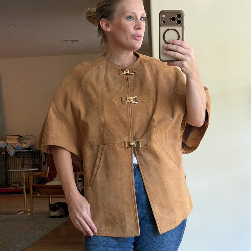 Custom Tan Suede Leather Gold Latch Closure Women's Cape Jacket Coat One Size